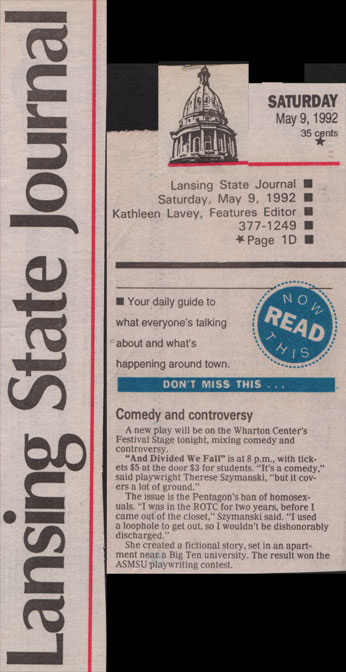 Lansing State Journal mention of "And Divided We Fall."